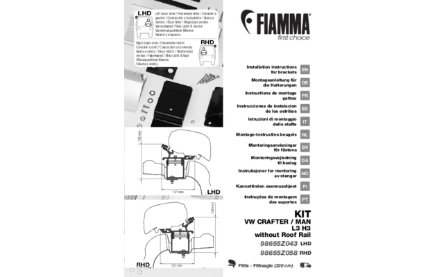 Fiamma Kit VW Crafter H3 / L3 RHD Markisenadapter Für Fiamma F80 / F65 Rechtslenker
